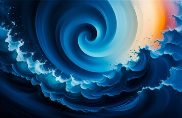 Poster - Abstract swirling design of blue and white hues, resembling a stylized wave or cloud formation.  A touch of warm orange light peaks through the upper right.