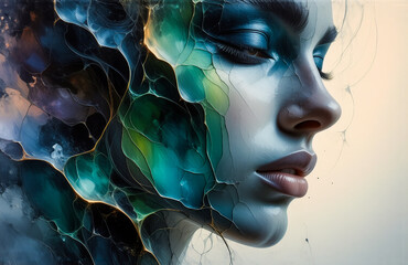 Poster - A serene woman's profile merges with abstract fluid art in shades of blue and green, creating an ethereal and dreamy visual.