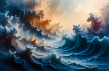 Poster - Dramatic waves surge under a turbulent sky. Dark storm clouds meet a bright horizon, creating a powerful and atmospheric seascape.