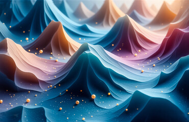 Aufkleber - Abstract pastel waves and dunes with golden orbs create a dreamy, soft, and textured landscape in blue, pink, purple, orange, and white colors.