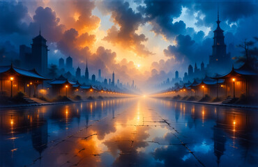 Poster - Serene cityscape at dusk with orange and blue clouds reflecting in still water.  Buildings line a street illuminated by warm, inviting lights.