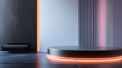 Poster - podium with neon lights, placed in a high-tech exhibition