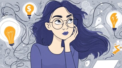 Poster - Thoughtful young woman with long dark hair wearing glasses, surrounded by lightbulb illustrations representing ideas and innovation.