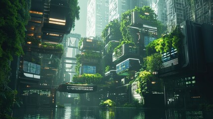 Poster - A futuristic smart city with high-tech buildings covered in greenery and solar panels.