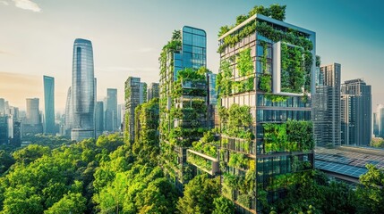 Poster - A futuristic smart city with high-tech buildings covered in greenery and solar panels.