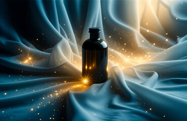 Aufkleber - Elegant black bottle on draped blue fabric with golden sparkles. Soft light enhances the luxurious and magical atmosphere.
