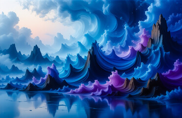 Aufkleber - Dreamy landscape with swirling mountains and clouds reflected in water. Blue and purple hues and soft light create a serene, magical scene.