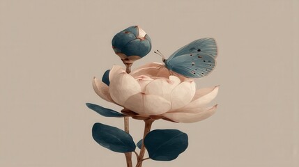 Poster - Blue butterfly on a white flower with blue green leaves against a beige background. Soft lighting, serene atmosphere.