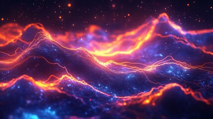 Poster - futuristic abstract 3D design with glowing neon lines weaving through a dark cosmic landscape