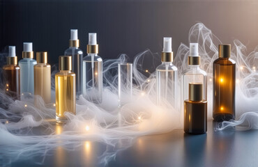 Poster - Elegant bottles in clear, gold, light blue, and brown hues are arranged amidst soft white smoke and gentle glowing lights, creating a luxurious and sophisticated still life.