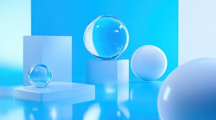 Poster - futuristic abstract blue background featuring smooth 3D geometric shapes with soft reflections