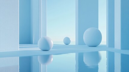 Poster - futuristic abstract blue background featuring smooth 3D geometric shapes with soft reflections