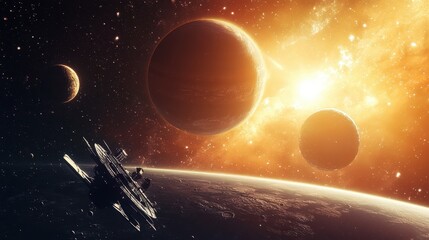 Wall Mural - spacecraft traveling through the solar system, passing by giant planets