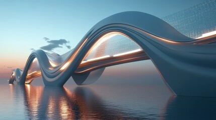 Poster - futuristic abstract bridge design with sleek, curved metallic beams and glowing accents.