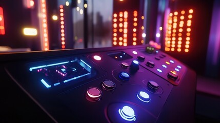  - A futuristic VR control panel with glowing virtual buttons, enhancing immersive experiences.