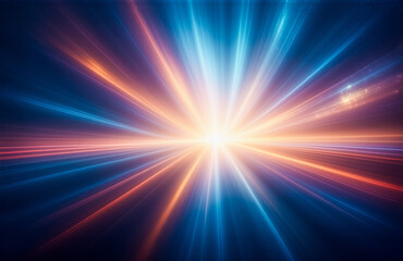 Fototapete - Dynamic abstract image of blue and orange light rays bursting outwards from a central point, creating a sense of energy and motion.