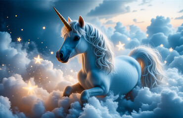 Poster - A majestic unicorn with a golden horn stands amidst fluffy clouds under a starlit sky. The scene evokes a dreamlike and magical atmosphere, bathed in soft, ethereal light.