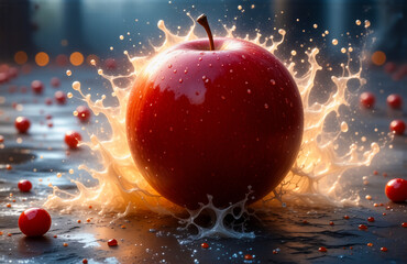 Aufkleber - A ripe red apple sits amidst a dynamic splash of liquid, creating a refreshing scene.  Smaller apples are scattered adding depth with bokeh lights in the background.