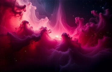 Fototapete - A vibrant nebula glows with shades of pink, purple, and red, resembling cosmic clouds in the dark expanse of space. Stars twinkle subtly within the luminous swirls, creating a dreamy and ethereal scen