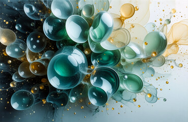 Aufkleber - Abstract artwork featuring translucent green and gold spheres, creating a fluid and organic composition against a soft, light backdrop.
