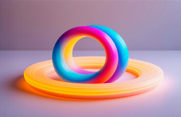 Leinwandbilder - Vibrant torus with rainbow gradient colors rests atop a glowing orange ring.  Playful and modern abstract art with bright illumination in a minimalist studio setting.