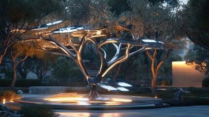 Poster - A futuristic artificial tree with metallic branches and solar panel leaves, harnessing energy.