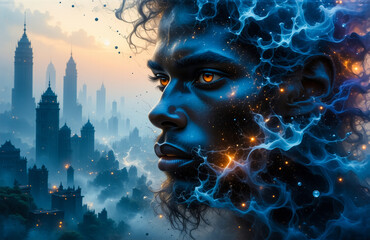 Fototapete - A profile of a blue-skinned figure with digital light effects, against a hazy cityscape at twilight, evokes a sense of futuristic and surreal atmosphere.