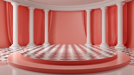 Poster - A pink stage with white pillars and curtains and a checkered floor for product presentation or display