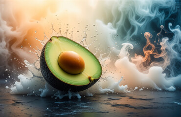 Aufkleber - Avocado half with pit in a splash of water against a smoky backdrop of orange and blue. Fresh, vibrant, and natural still life food image.