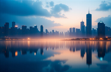 Aufkleber - A serene cityscape at twilight featuring silhouetted buildings against a gradient sky of orange and blue. Calm water reflects the urban skyline and the soft glow of city lights at the horizon.