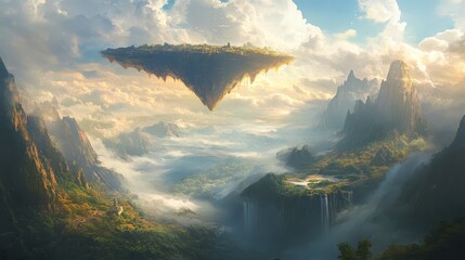 Poster - giant floating arrow hovering over a fantasy landscape, guiding the way to a hidden treasure