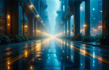 Aufkleber - Night cityscape reflecting lights on a wet street. Urban scene with blue and orange hues under streetlights.