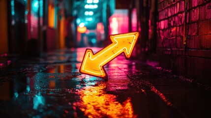 Poster - A glowing neon arrow sign in a dark alley, casting vibrant reflections on the wet pavement