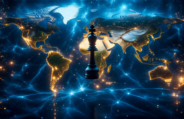 Aufkleber - A chess king boldly stands over a glowing world map, representing strategic global power and digital connections across continents.