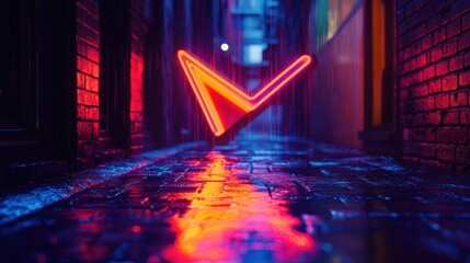 Poster - A glowing neon arrow sign in a dark alley, casting vibrant reflections on the wet pavement