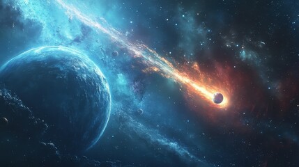 Wall Mural - a glowing scene of a comet passing by the inner planets, leaving a bright tail behind