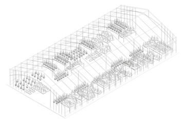 Poster - A large greenhouse with many plants inside. The plants are arranged in rows and are of various sizes. The greenhouse is open to the sky, allowing sunlight to enter and provide warmth for the plants