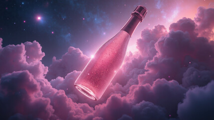 Poster - sparkling bottle floats among colorful clouds in cosmic scene, evoking sense of wonder and celebration
