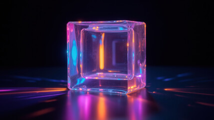 Poster - clear glass cube reflecting colorful lights on dark surface, creating vibrant atmosphere
