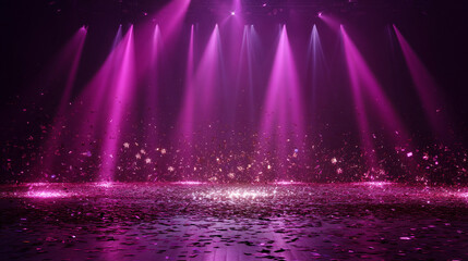 Poster - A stage illuminated with pink spotlights and confetti scattered across the reflective surface below