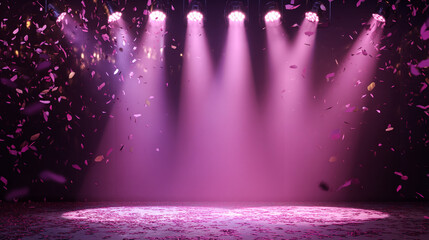 Poster - A stage illuminated by spotlights with falling confetti creating a festive atmosphere and celebration