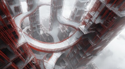 Poster - gravity-defying abstract construction site with spiraling staircases leading to nowhere