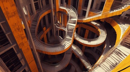 Poster - gravity-defying abstract construction site with spiraling staircases leading to nowhere