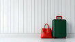 © AI_Nusantara - Dark Green Suitcase and Red Handbag on White Wooden Background