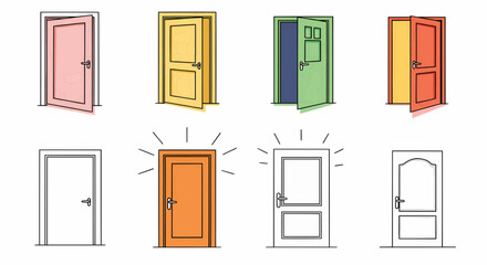 Poster - Eight simple line drawings of doors, four in bright, saturated colors and four in white, arranged in a grid pattern. The doors are depicted in various states of open and closed. Vector Illustration