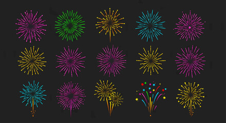 Poster - A grid of sixteen fireworks, presented in a simple, flat, cartoonish style. Each firework features a bold, saturated color. Vector Illustration