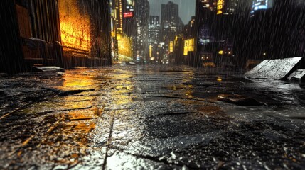 Poster - A highly textured 3D wet ground reflecting city lights after a rainy night.