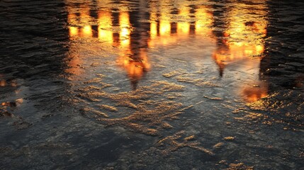 Poster - A highly textured 3D wet ground reflecting city lights after a rainy night.