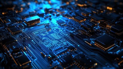 Poster - A high-tech abstract microchip background with a glowing motherboard, deep electric blue tones, and futuristic digital signals
