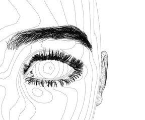 Poster - A close up of a woman's face with a very thick eyebrow. The eyebrow is drawn in a very thick line, and the eye is drawn in a very thin line. Scene is somewhat creepy and unsettling
